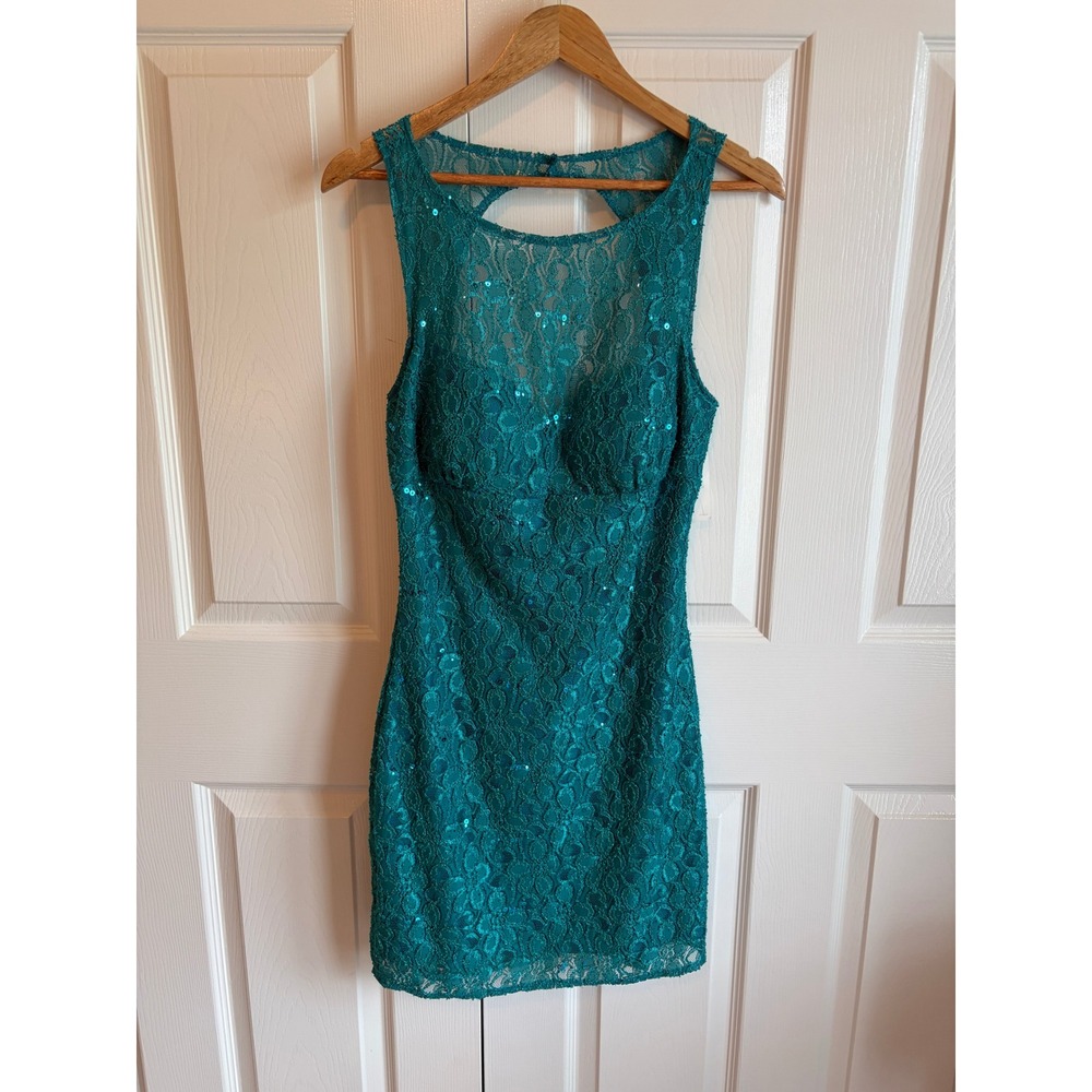 Teal Sequin Floral Lace Keyhole Back Sleeveless Mini Bodycon Dress Jolene Style